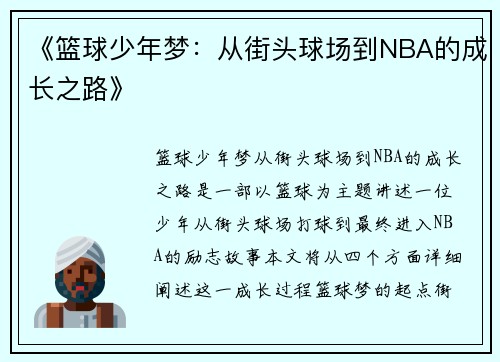 《篮球少年梦：从街头球场到NBA的成长之路》
