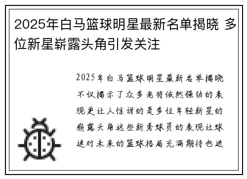 2025年白马篮球明星最新名单揭晓 多位新星崭露头角引发关注