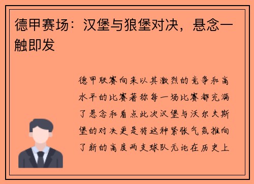 德甲赛场：汉堡与狼堡对决，悬念一触即发