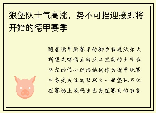 狼堡队士气高涨，势不可挡迎接即将开始的德甲赛季